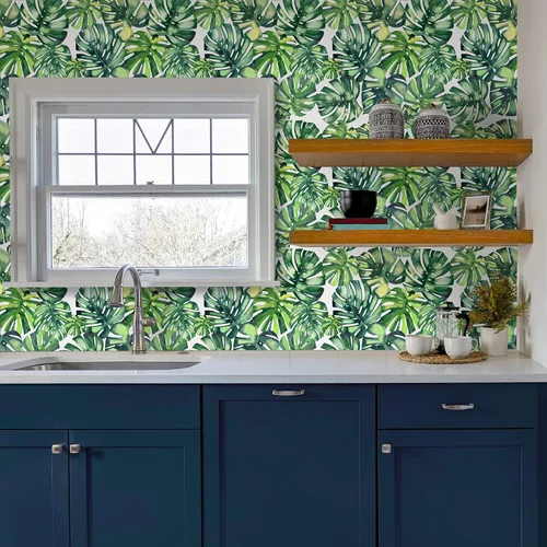 Vista 7 de CHIHUT Papel tapiz de hojas de palmera tropical de Monstera con diseño de acuarela para despegar y pegar botánico para sala de estar, dormitorio