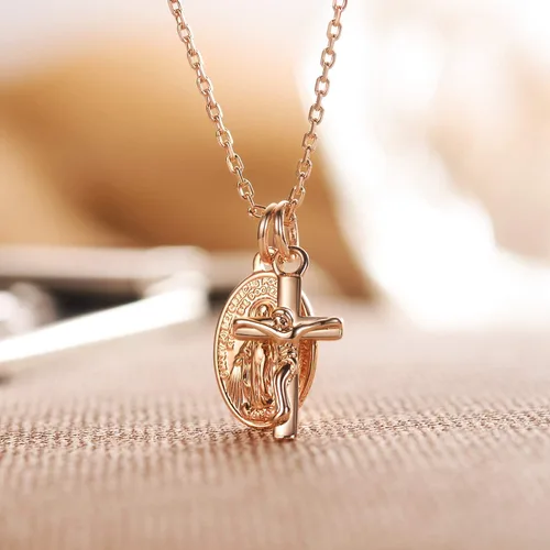 Vista 3 de AllenCOCO Collar de oro para mujer y niña plisado delicado y simple collar de gargantilla con dije de círculo entrelazado cruz de Virgen María No es