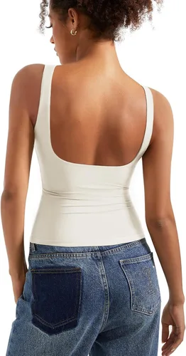 Vista 24 de SUUKSESS Camisetas sin mangas con respaldo abierto y cuello barco acolchado para mujer, con doble forro, camisas básicas Negro (Black Polka Dots)
