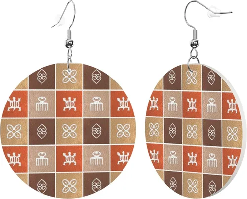 Vista 2 de Aretes redondos de cuero, patrón étnico africano con símbolos Adinkra de piel sintética, aretes colgantes para mujeres y niñas, Cuero sintético, No