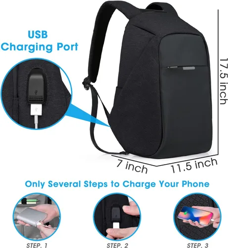 Vista 6 de Mochila de viaje antirrobo portátil, mochila para laptop con puerto de carga USB., Negro