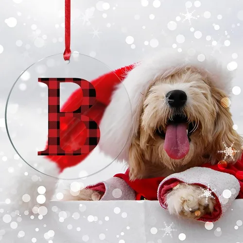 Vista 7 de Adornos de Navidad personalizados, monograma personalizado, letra inicial B, divertida decoración colgante de Navidad, a cuadros rojos y negros