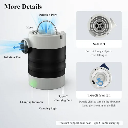 Vista 8 de Air Pump for Inflatables, Electric Air Pump with 1400 mAh Rechargeable Battery, Tiny and Portable Air Pump with Camping Light, Quick Inflate Deflate