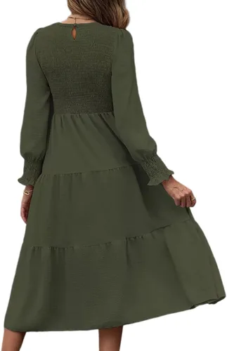 Vista 4 de SEBOWEL Vestido largo de manga larga con cuello redondo para mujer, con volantes escalonados, acampanado, vestido fluido para fiesta de cóctel