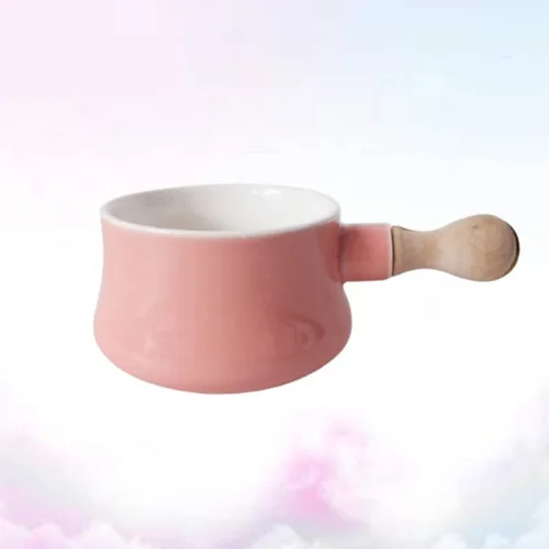Vista 2 de qiuqiu Olla de leche esmaltada con mango de madera antiadherente de cerámica mini olla calentador de mantequilla sartén vaporera para sopa Rosa