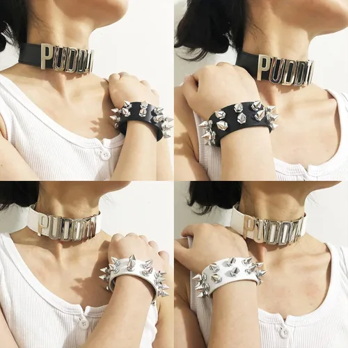 Vista 2 de Puddin - Juego de gargantilla y pulsera de cuero punk, collar de letra, accesorio de cosplay para mujer, disfraz de fiesta de Halloween