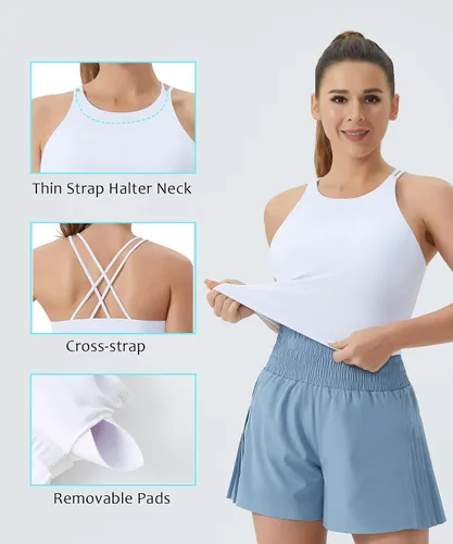 Vista 5 de THE GYM PEOPLE Sujetador deportivo con espalda cruzada para mujer, cuello halter, camiseta corta sin mangas con almohadillas extraíbles