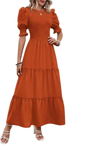 Vista 47 de BTFBM Vestidos para mujer, cuello redondo, casual, de verano, con volantes, manga corta, bohemio, con niveles, fruncido, largo, con estampado floral