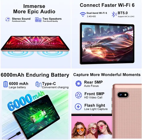 Vista 5 de DMOAO Tableta, tabletas de 10.1 pulgadas, tableta Android 14 con 18 GB de RAM+128 GB de ROM/1TB Expand, CPU Octa-Core 1.8GHz, batería de 6000 mAh