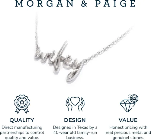 Vista 6 de MORGAN & PAIGE .925 Sterling Silver Rhodium or 18K Yellow Gold Plated Statement Dainty Necklace for Women, Hypoallergenic Wifey Cursive Pendant