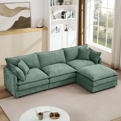 Vista 10 de Sofá modular modular en forma de L de 103.5 pulgadas para sala de estar, cómodos sofás de felpilla de 4 plazas con otomana móvil (crema)