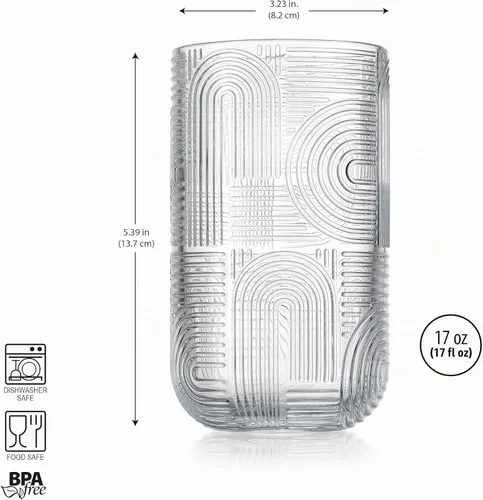 Vista 6 de Highball - Juego de 8 vasos para beber en relieve de 14 onzas, vasos de vidrio acanalado Art Deco vintage, vasos de agua texturizada, vasos de jugo