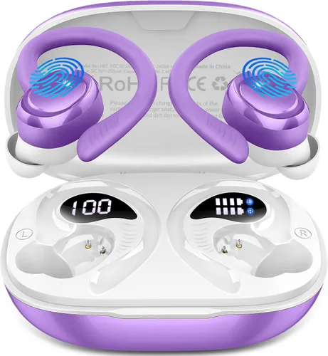 Vista 6 de Auriculares inalámbricos deportivos, Bluetooth 5.4, auriculares 3D Bass Hi-Fi estéreo sobre la oreja, auriculares con cancelación de ruido ENC de 60