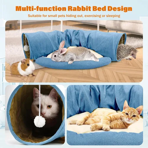 Vista 4 de BWOGUE Cama Túnel para Conejos, Juguetes de Tubos Túnel Plegables 2 en 1 con Alfombrilla Removible y Escondite para Gatos, Gatitos, Conejos