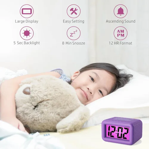 Vista 2 de Plumeet Reloj despertador digital para niños con repetición y retroiluminación - Reloj de viaje simple pantalla LCD grande - Reloj despertador