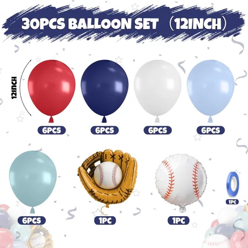 Vista 3 de Paquete de globos de béisbol con temática de béisbol, kit de arco de guirnalda de globos con temática de béisbol y globos de 12 pulgadas, azul
