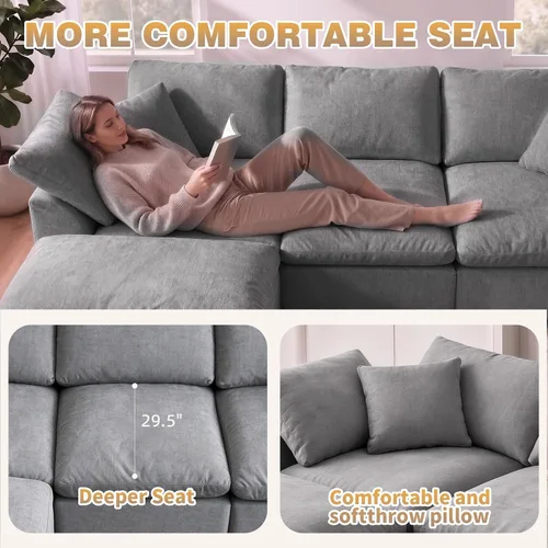 Vista 5 de Sofá seccional de nube sin hueso de 110 pulgadas para sala de estar, sofá modular en forma de L de gran tamaño con otomana, sofá seccional de Gris