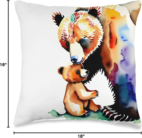 Vista 4 de Mama Bear Baby Bear Looks Like Watercolor Art Almohada de tiro 16x16, multicolor