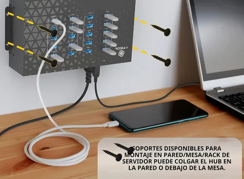 Vista 7 de Hub USB 3.0 de 20 puertos – Sincronización de 5 Gbps y transferencia de datos de alta velocidad, concentrador USB con fuente de alimentación