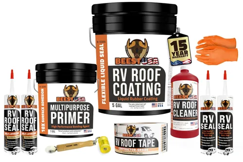 Vista 13 de BEEST Revestimiento para techo de casa rodante blanco, 1 galón, cubre hasta 50 pies cuadrados (2 capas), sellador solar y resistente al agua