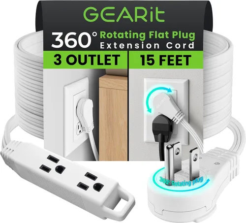 Vista 51 de GEARit Cable de extensión de enchufe plano giratorio de 360° de 3 pies, cable de alimentación de perfil bajo de 3 salidas, ahorro de espacio