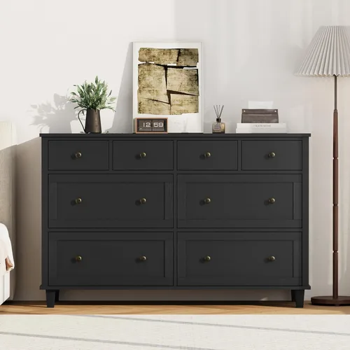 Vista 9 de Cómoda de madera con 8 cajones de 56.3 pulgadas de ancho, cómoda de almacenamiento grande para dormitorio, sala de estar, pasillo, entrada Negro