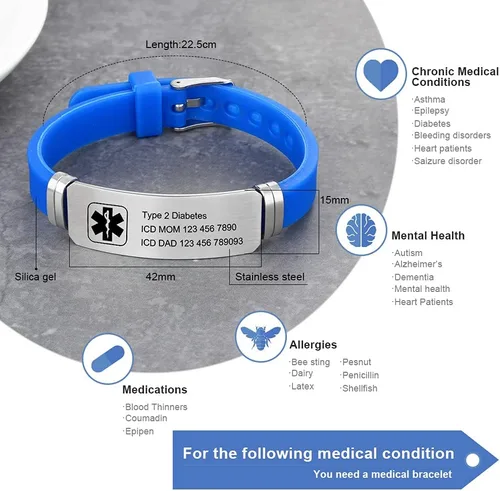 Vista 132 de OPALSTOCK Pulseras médicas personalizadas de silicona ajustable para identificación de emergencias, grabado gratuito, 9 pulgadas, resistente al