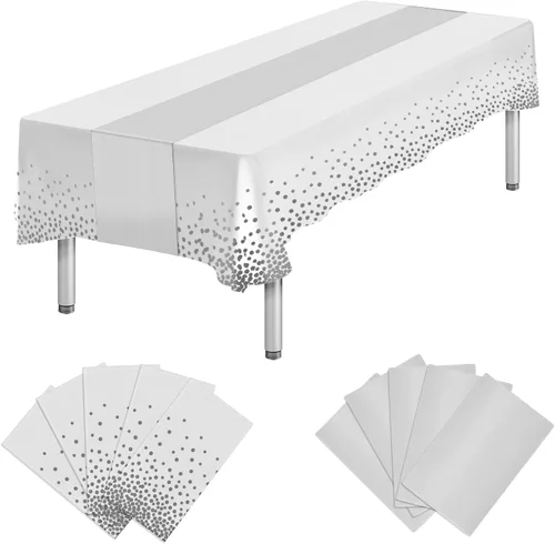 Vista 18 de Paquete de 10 manteles rectangulares de plástico y camino de mesa de satén, mantel desechable negro rectangular y dorado para cumpleaños