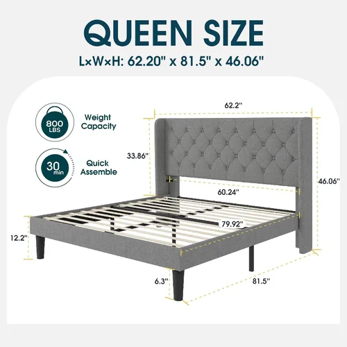 Vista 2 de WEEWAY Base de cama tapizada tamaño Queen con cabecera copetuda con respaldo de alas, plataforma moderna con soporte de listones de madera, fácil
