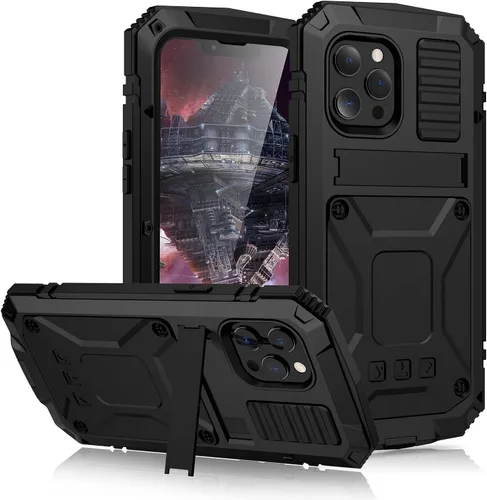 Vista 2 de Lunivop Funda de metal compatible con iPhone 13 Pro Max, protector de pantalla integrado para deportes al aire libre, protección resistente, a Negro