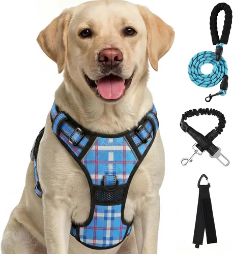 Vista 21 de FURRYFECTION Arnés a cuadros para perros pequeños, chaleco reflectante ajustable sin tirones para mascotas con clip frontal, correa, asa de fácil