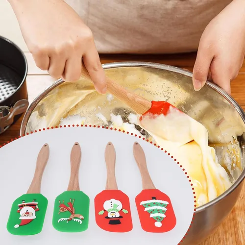 Vista 6 de 8 espátulas de silicona de Navidad para pastel de Navidad con mango de madera, muñecos de nieve, árbol de Navidad, patrón de Papá Noel, decoración