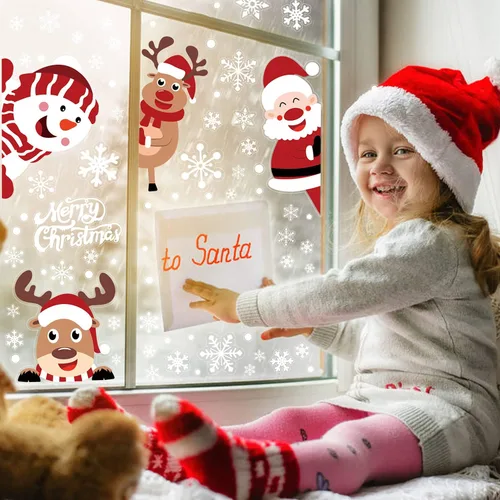 Vista 5 de LOMIMOS 107 calcomanías de Navidad para ventana, copos de nieve, reno, Papá Noel, para suministros de decoración de fiestas