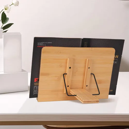 Vista 6 de MEGREZ Soporte de bambú para libros de 13.2 x 9.4 pulgadas, soporte plegable para libros de cocina con 6 alturas ajustables, soporte para libros