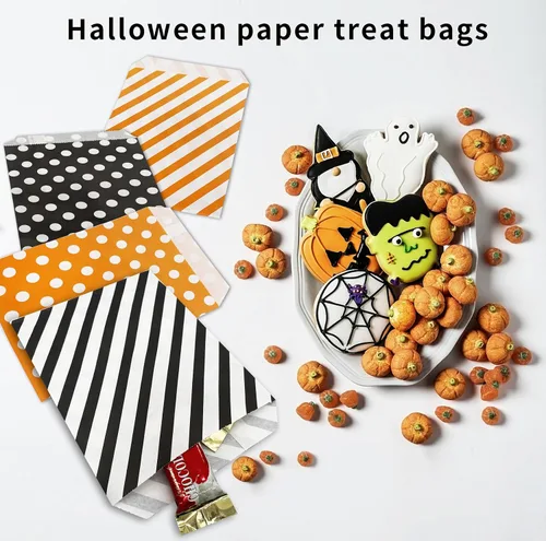 Vista 3 de Jexila Paquete de 100 bolsas de regalo de Halloween, bolsas de papel con patrón de lunares naranjas y negros con patrón de rayas para niños, regalos