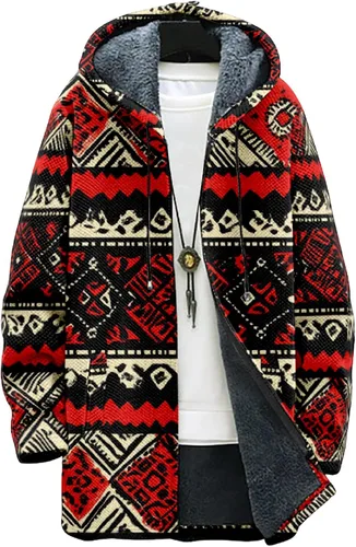 Vista 26 de Chaqueta de forro polar con capucha para hombre, con estampado azteca, de algodón pesado, con cremallera, manga larga, chaqueta con capucha