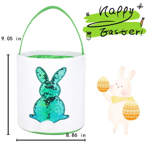 Vista 7 de Cestas de Pascua para niños – Cestas de caza de huevos de Pascua para niños y niñas, bonita cesta de regalo de lona impresa de conejo de lentejuelas