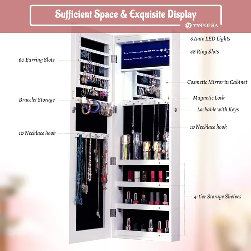 Vista 2 de Organizador de joyas, armario de joyería con espejo LED táctil, armario de joyería LED montado en la paredpuerta para mujer, espejo de longitud