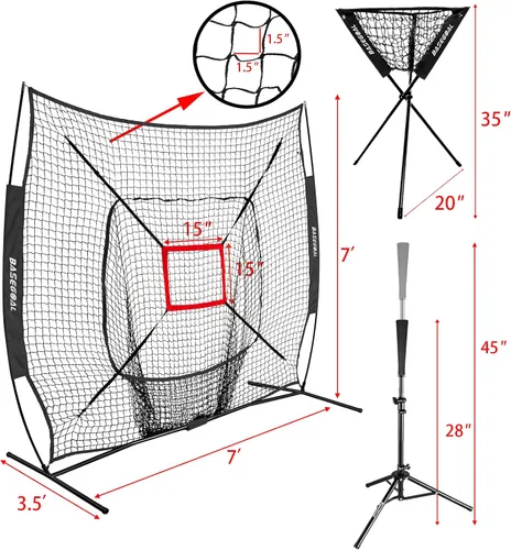 Vista 6 de BaseGoal - Red de práctica de 213 centímetros x 213 centímetros para béisbol y sóftbol, protector de béisbol, con bate de bateo, carro de pelotas