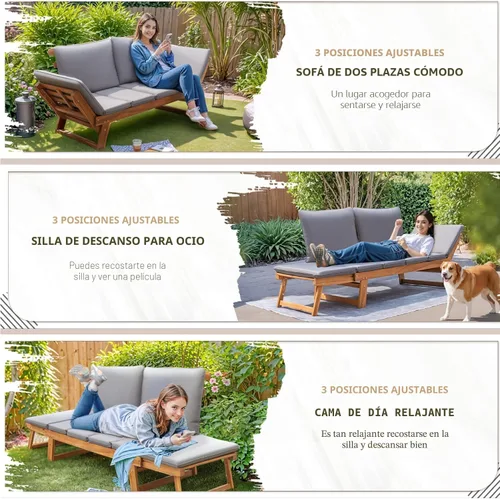 Vista 3 de Devoko Outdoor Couch Acacia Wood Outdoor Sofa Balcony Furniture (Grey)