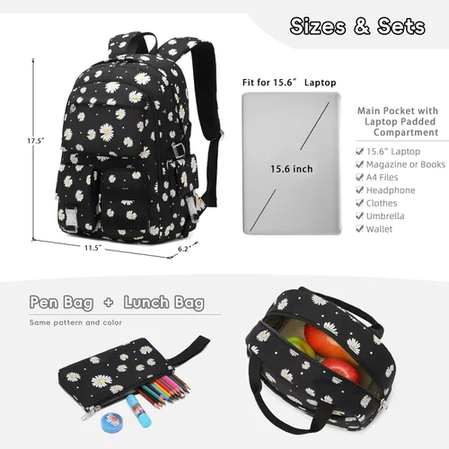 Vista 5 de Daisy - Mochila escolar para niñas, con lonchera, juego de bolsa de libros, mochilas para adolescentes y niñas