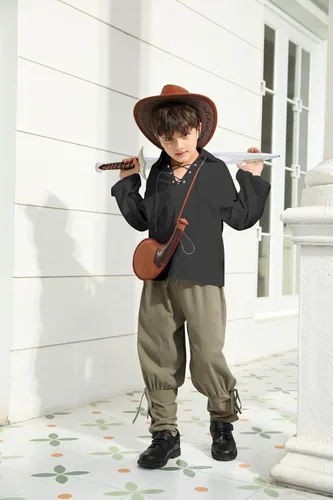 Vista 5 de Camisa medieval de pirata para niños vikinga, renacentista, con cordones, mercenario, Halloween, jacobita escocés, Ghillie, tops