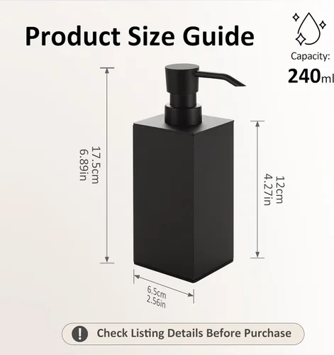 Vista 7 de BGL Black Soap Dispenser for Kitchen & Bathroom, Modern Square Liquid Hand Soap Pump, Rustproof Matte Black Lotion Dispenser with Non-Slip Bottom