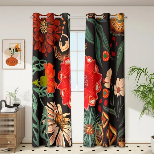 Vista 9 de Tyrot - Cortinas bohemias florales 100% opacas para dormitorio de 63 pulgadas de largo, 2 paneles. Cortinas botánicas de mediados de siglo