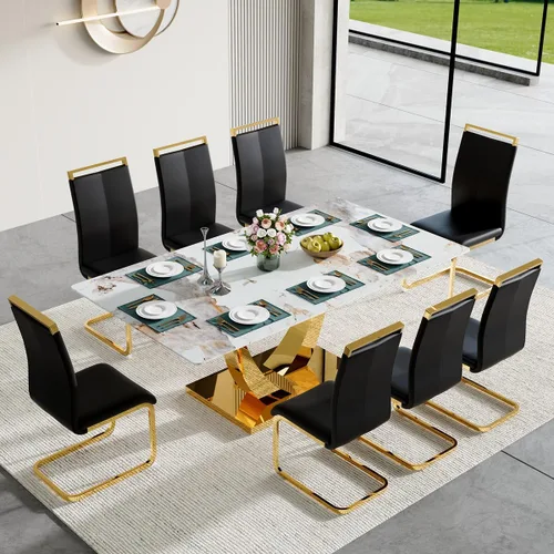 Vista 22 de Juego de mesa de comedor para 4, mesa de comedor de mármol sintético de 63 pulgadas con patas y base de acero inoxidable, sillas acolchadas