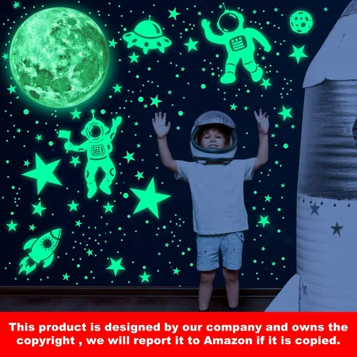Vista 4 de Estrellas que brillan en la oscuridad para techo, calcomanías de pared de luna que brilla en la oscuridad y espacio, pegatinas de pared luminosas