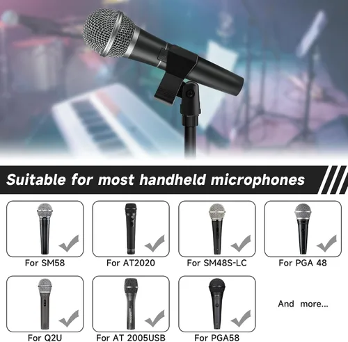 Vista 6 de Juego de clips de micrófono para soportes, 4 soportes ajustables para micrófono con adaptadores Wireless Mic & Clamp for Mic Stands, 5/8 Inch Male