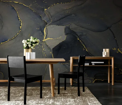 Vista 6 de Mural de pared abstracto con patrón de piedra de mármol de ágata negra y dorada. Papel tapiz extraíble para despegar y pegar, #6454