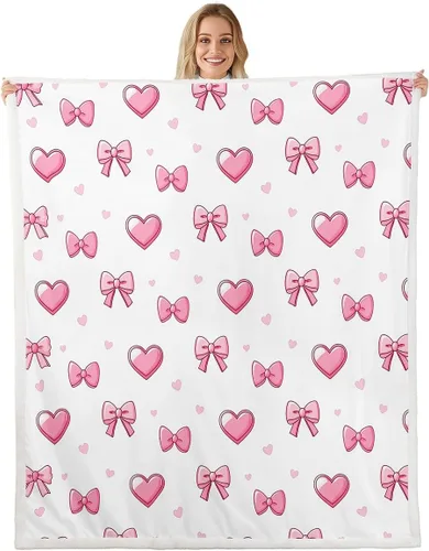Vista 37 de Manta de franela de forro polar con lazos rosados femeninos de 40 x 50 pulgadas, manta mullida de corazones para el día de San Valentín para sofá