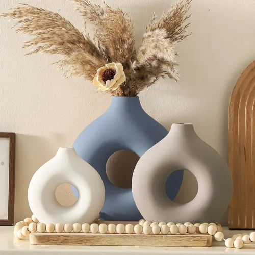Vista 8 de Vanselia Jarrón de cerámica para decoración de mesa para el hogar, juego de 3 jarrones de flores pequeños para sala de estar, decoración